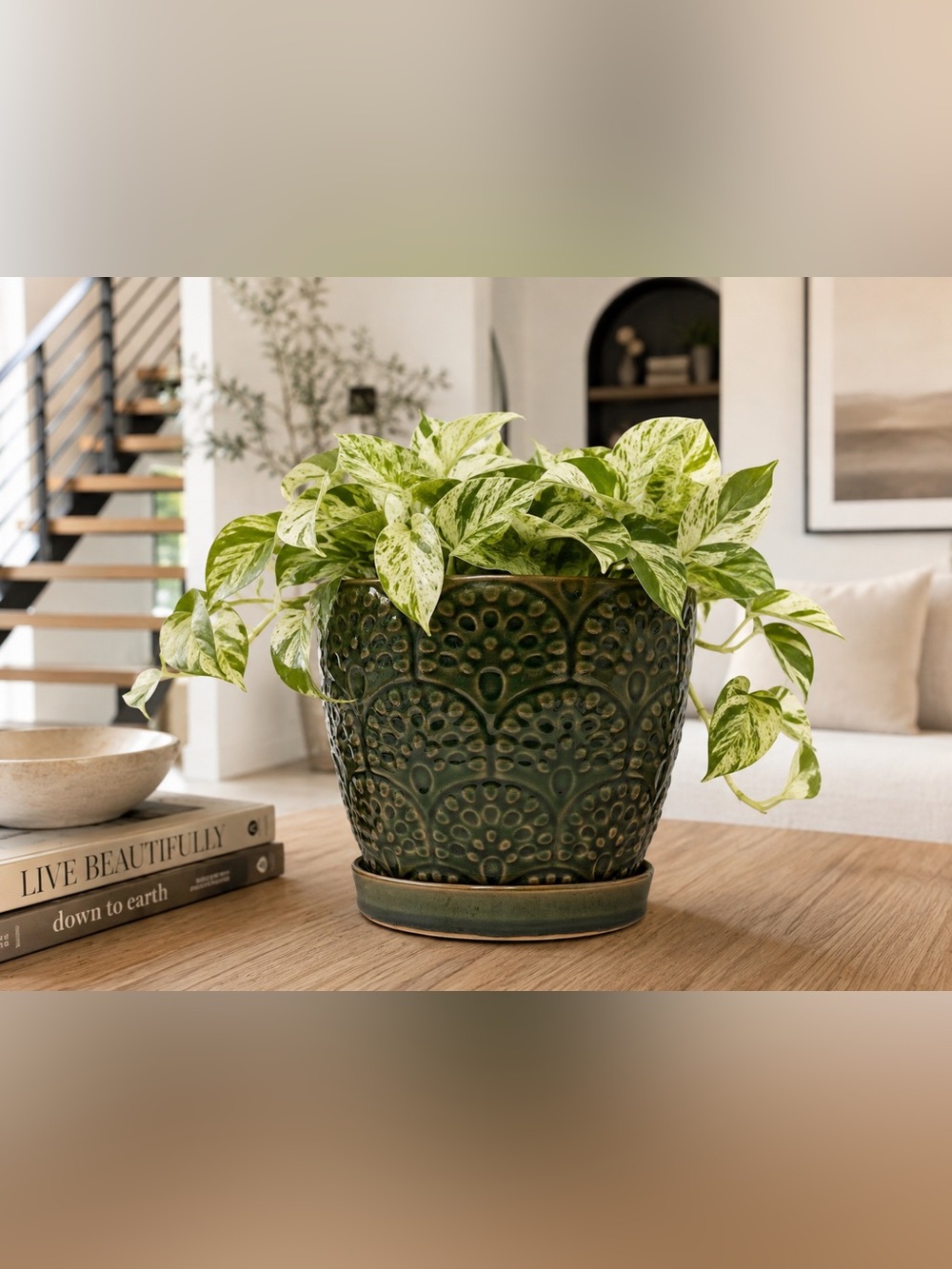 Green Ceramic Planter Pot with Attached Saucer & Drainage Hole - 6 Inch Textured